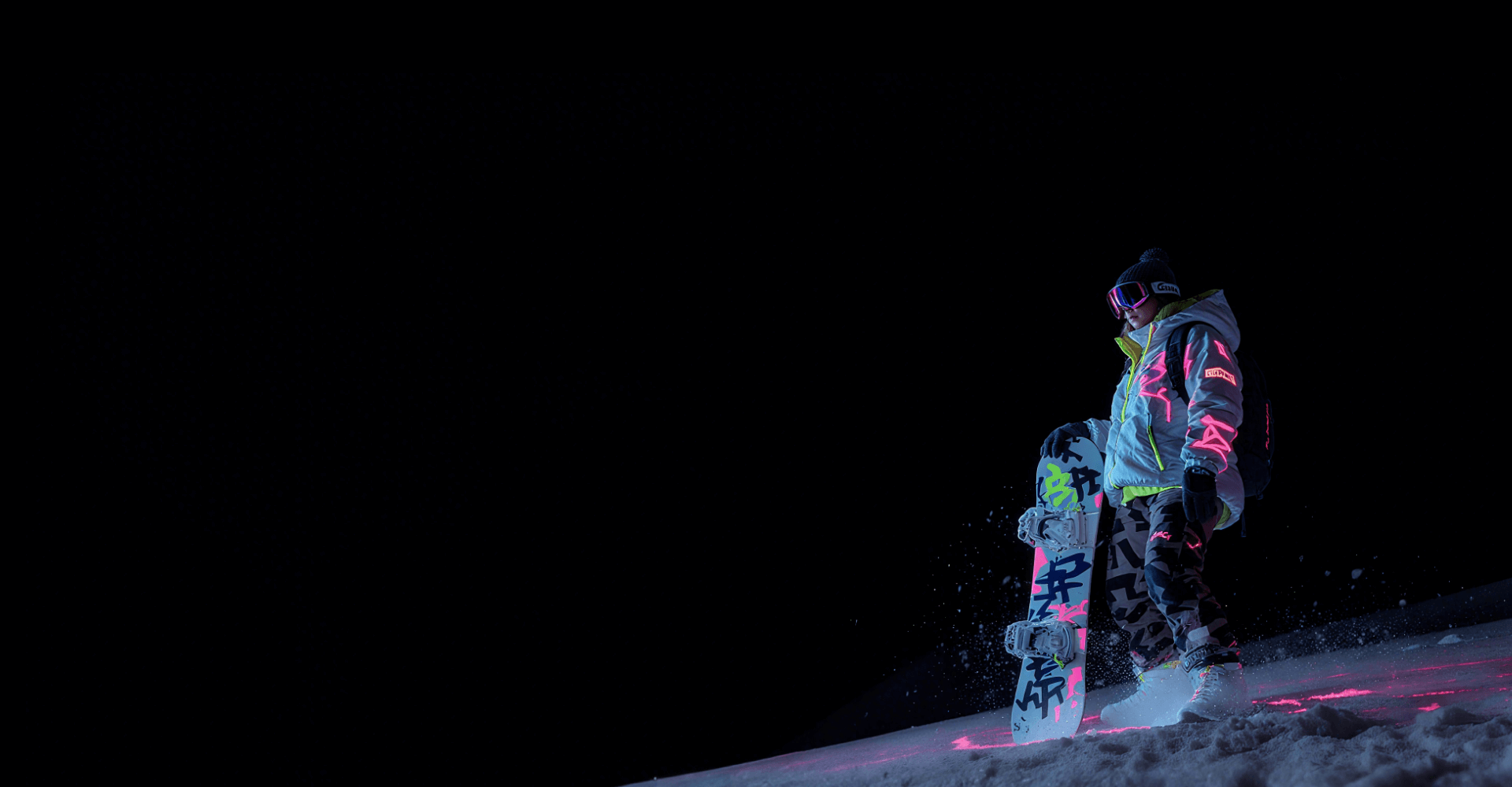 Snowboarder with AI coaching dashboard showing real-time motion data and performance metrics